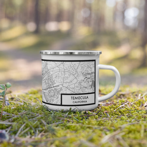 Right View Custom Temecula California Map Enamel Mug in Classic on Grass With Trees in Background