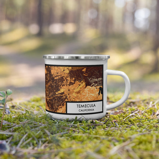 Right View Custom Temecula California Map Enamel Mug in Ember on Grass With Trees in Background