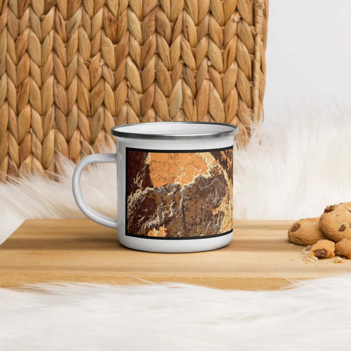 Left View Custom Temecula California Map Enamel Mug in Ember on Table Top