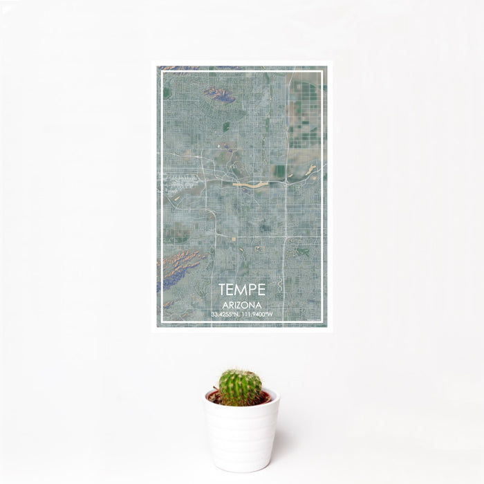 12x18 Tempe Arizona Map Print Portrait Orientation in Afternoon Style With Small Cactus Plant in White Planter