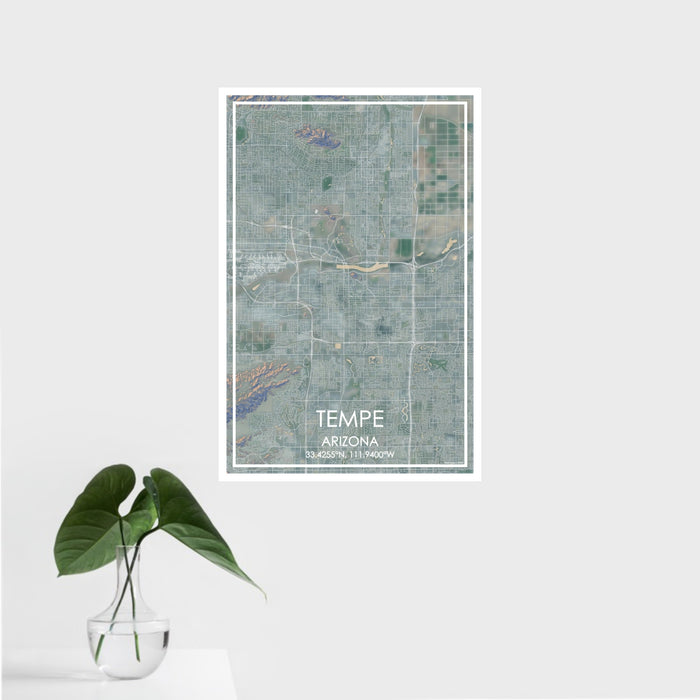 16x24 Tempe Arizona Map Print Portrait Orientation in Afternoon Style With Tropical Plant Leaves in Water