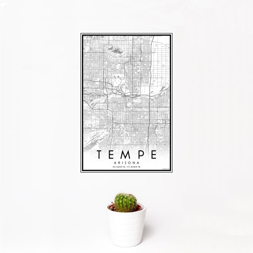12x18 Tempe Arizona Map Print Portrait Orientation in Classic Style With Small Cactus Plant in White Planter