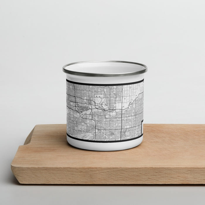 Front View Custom Tempe Arizona Map Enamel Mug in Classic on Cutting Board