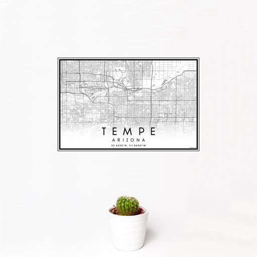 12x18 Tempe Arizona Map Print Landscape Orientation in Classic Style With Small Cactus Plant in White Planter