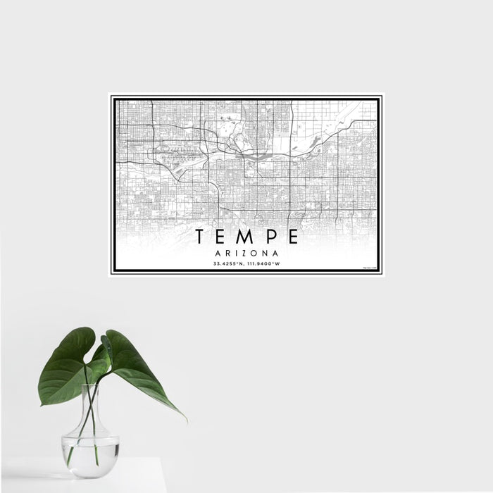 16x24 Tempe Arizona Map Print Landscape Orientation in Classic Style With Tropical Plant Leaves in Water