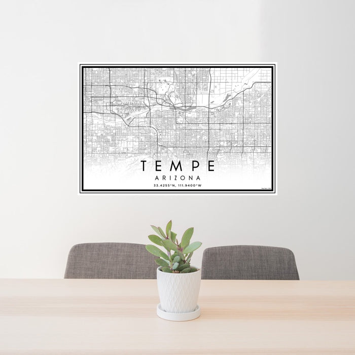 24x36 Tempe Arizona Map Print Landscape Orientation in Classic Style Behind 2 Chairs Table and Potted Plant