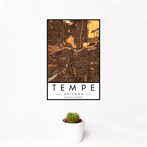 12x18 Tempe Arizona Map Print Portrait Orientation in Ember Style With Small Cactus Plant in White Planter