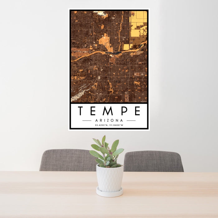 24x36 Tempe Arizona Map Print Portrait Orientation in Ember Style Behind 2 Chairs Table and Potted Plant