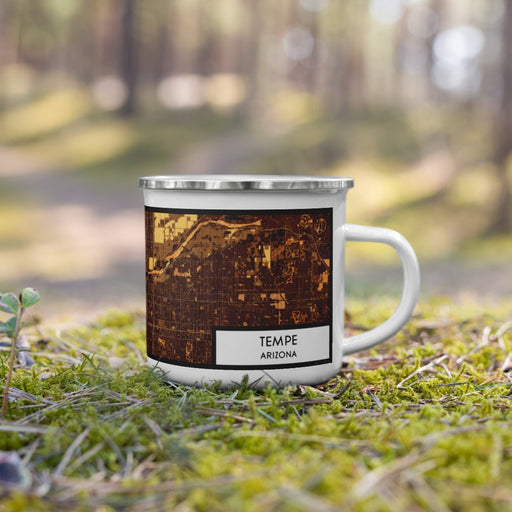 Right View Custom Tempe Arizona Map Enamel Mug in Ember on Grass With Trees in Background