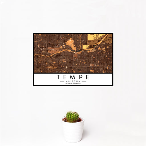 12x18 Tempe Arizona Map Print Landscape Orientation in Ember Style With Small Cactus Plant in White Planter