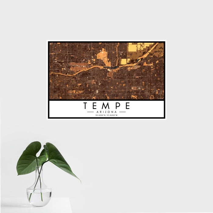 16x24 Tempe Arizona Map Print Landscape Orientation in Ember Style With Tropical Plant Leaves in Water