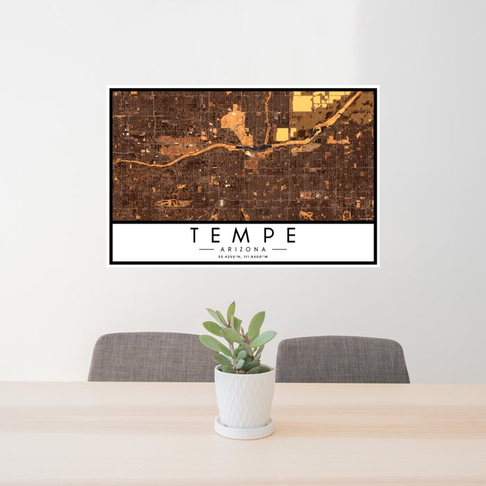 24x36 Tempe Arizona Map Print Landscape Orientation in Ember Style Behind 2 Chairs Table and Potted Plant