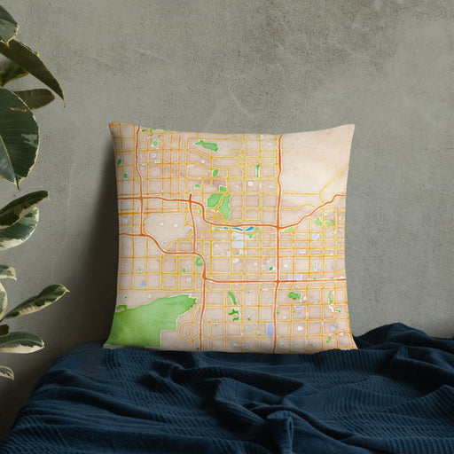 Custom Tempe Arizona Map Throw Pillow in Watercolor on Bedding Against Wall