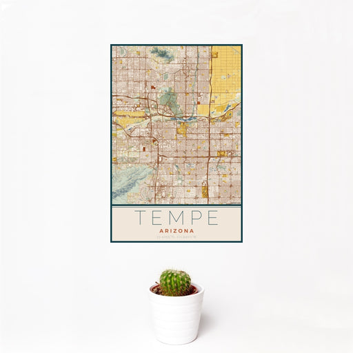 12x18 Tempe Arizona Map Print Portrait Orientation in Woodblock Style With Small Cactus Plant in White Planter