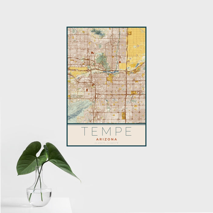 16x24 Tempe Arizona Map Print Portrait Orientation in Woodblock Style With Tropical Plant Leaves in Water
