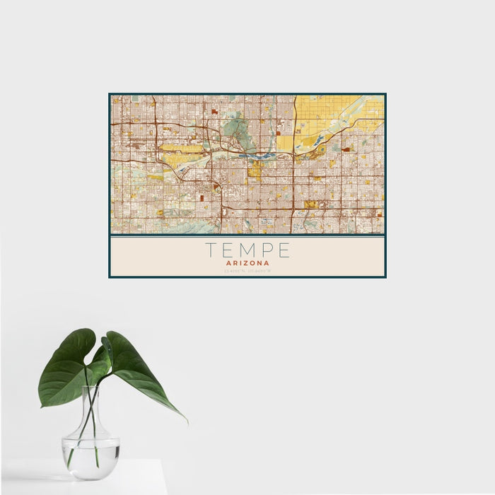 16x24 Tempe Arizona Map Print Landscape Orientation in Woodblock Style With Tropical Plant Leaves in Water