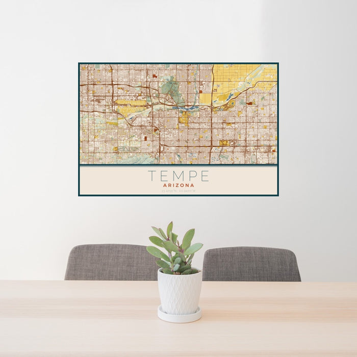 24x36 Tempe Arizona Map Print Landscape Orientation in Woodblock Style Behind 2 Chairs Table and Potted Plant