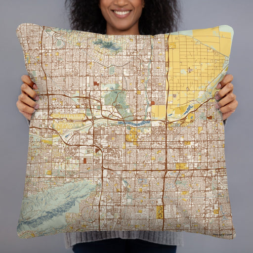 Person holding 22x22 Custom Tempe Arizona Map Throw Pillow in Woodblock