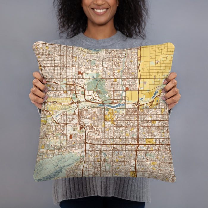 Person holding 18x18 Custom Tempe Arizona Map Throw Pillow in Woodblock