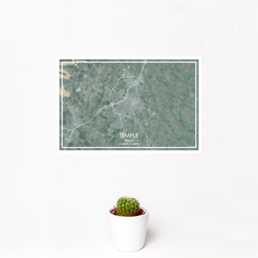 12x18 Temple Texas Map Print Landscape Orientation in Afternoon Style With Small Cactus Plant in White Planter
