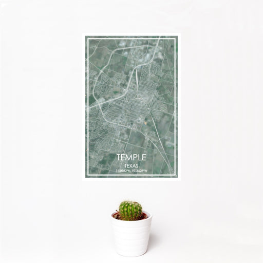 12x18 Temple Texas Map Print Portrait Orientation in Afternoon Style With Small Cactus Plant in White Planter