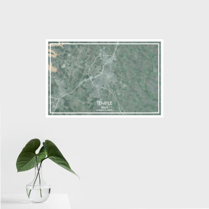 16x24 Temple Texas Map Print Landscape Orientation in Afternoon Style With Tropical Plant Leaves in Water