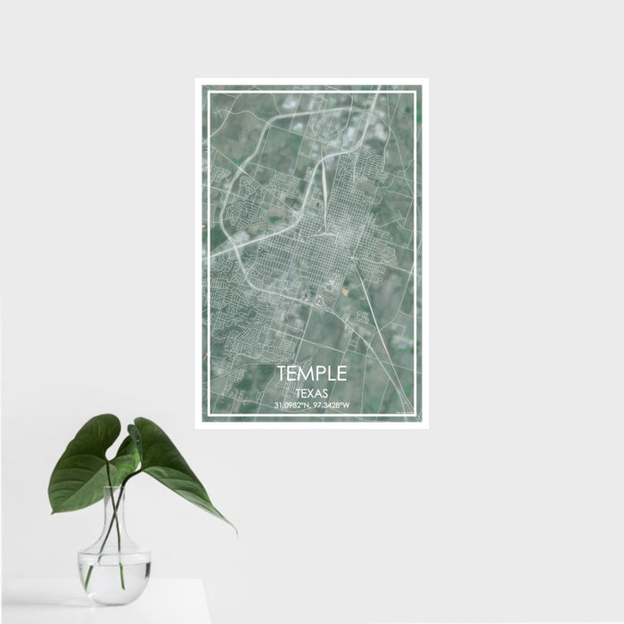 16x24 Temple Texas Map Print Portrait Orientation in Afternoon Style With Tropical Plant Leaves in Water