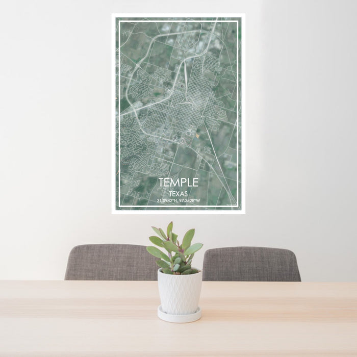 24x36 Temple Texas Map Print Portrait Orientation in Afternoon Style Behind 2 Chairs Table and Potted Plant