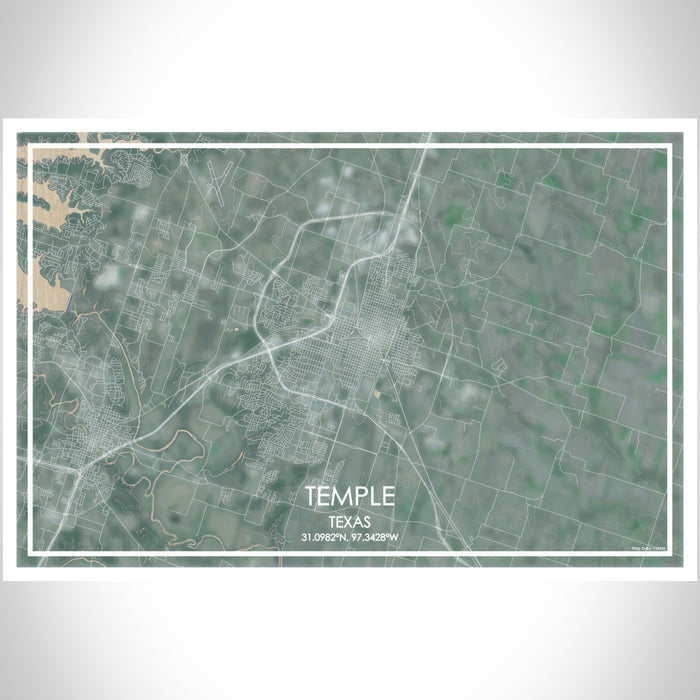 Temple Texas Map Print Landscape Orientation in Afternoon Style With Shaded Background