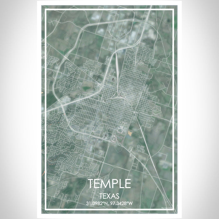 Temple Texas Map Print Portrait Orientation in Afternoon Style With Shaded Background