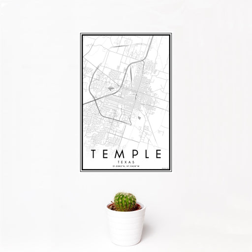 12x18 Temple Texas Map Print Portrait Orientation in Classic Style With Small Cactus Plant in White Planter