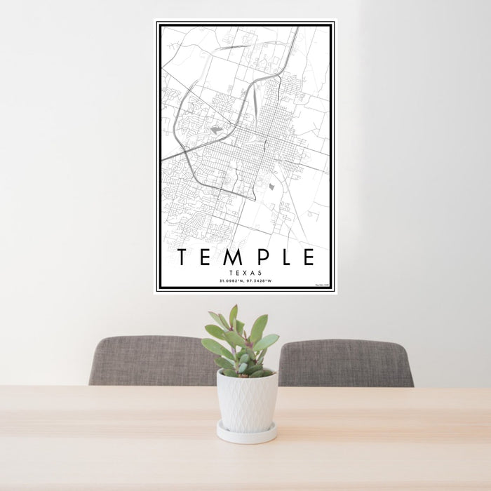 24x36 Temple Texas Map Print Portrait Orientation in Classic Style Behind 2 Chairs Table and Potted Plant