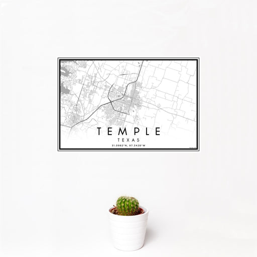 12x18 Temple Texas Map Print Landscape Orientation in Classic Style With Small Cactus Plant in White Planter
