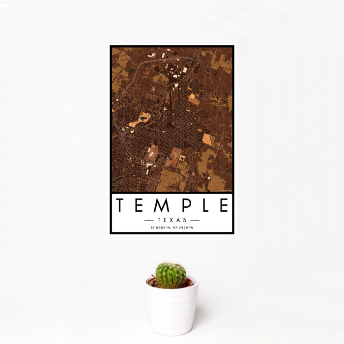 12x18 Temple Texas Map Print Portrait Orientation in Ember Style With Small Cactus Plant in White Planter