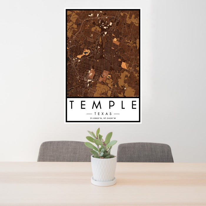 24x36 Temple Texas Map Print Portrait Orientation in Ember Style Behind 2 Chairs Table and Potted Plant