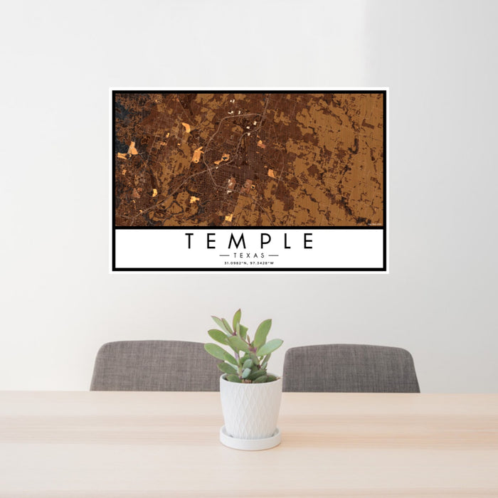 24x36 Temple Texas Map Print Landscape Orientation in Ember Style Behind 2 Chairs Table and Potted Plant
