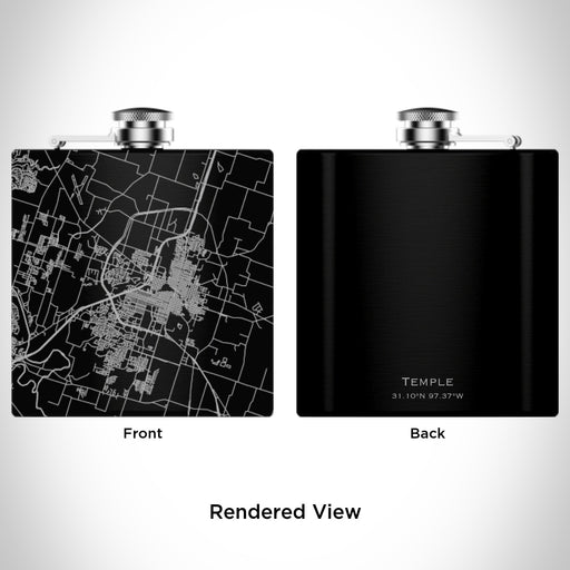 Rendered View of Temple Texas Map Engraving on 6oz Stainless Steel Flask in Black