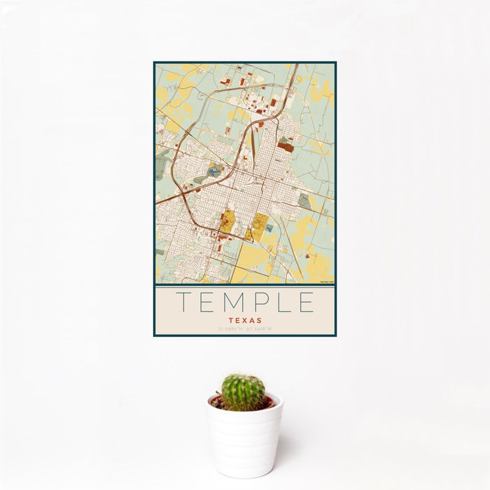 12x18 Temple Texas Map Print Portrait Orientation in Woodblock Style With Small Cactus Plant in White Planter