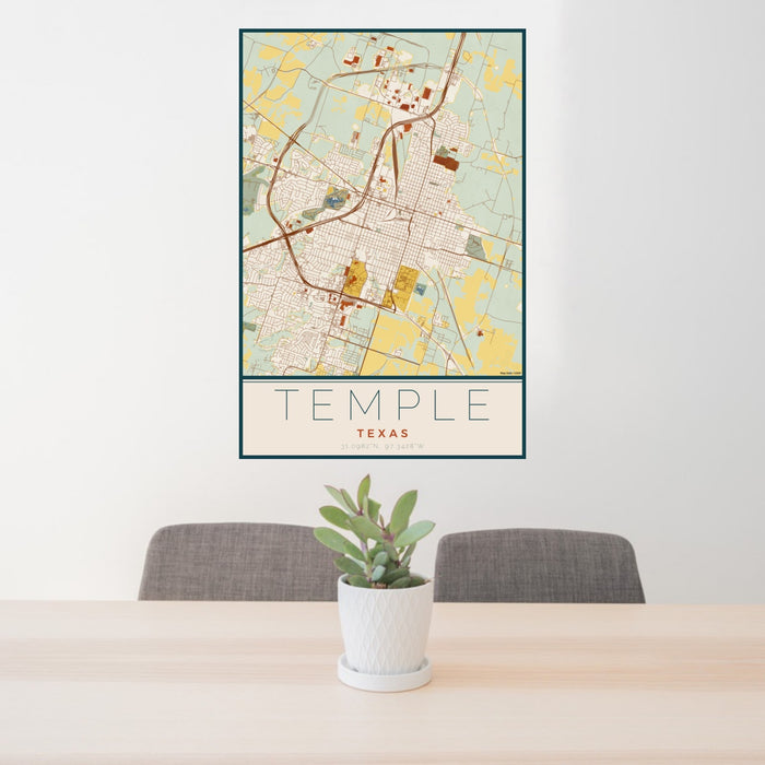 24x36 Temple Texas Map Print Portrait Orientation in Woodblock Style Behind 2 Chairs Table and Potted Plant