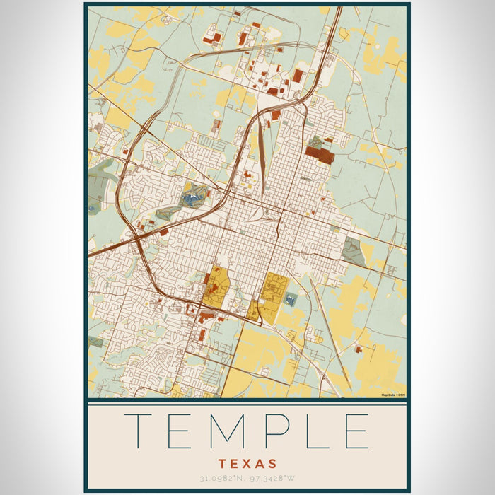 Temple Texas Map Print Portrait Orientation in Woodblock Style With Shaded Background