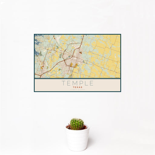 12x18 Temple Texas Map Print Landscape Orientation in Woodblock Style With Small Cactus Plant in White Planter