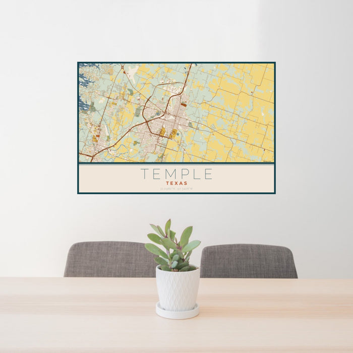 24x36 Temple Texas Map Print Landscape Orientation in Woodblock Style Behind 2 Chairs Table and Potted Plant