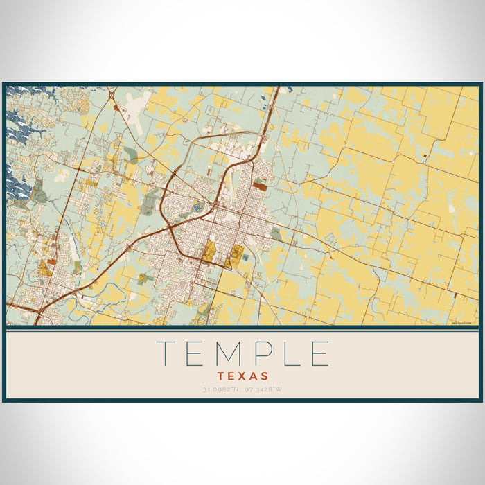 Temple Texas Map Print Landscape Orientation in Woodblock Style With Shaded Background
