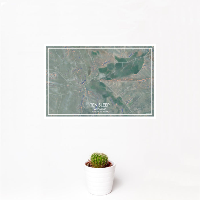 12x18 Ten Sleep Wyoming Map Print Landscape Orientation in Afternoon Style With Small Cactus Plant in White Planter