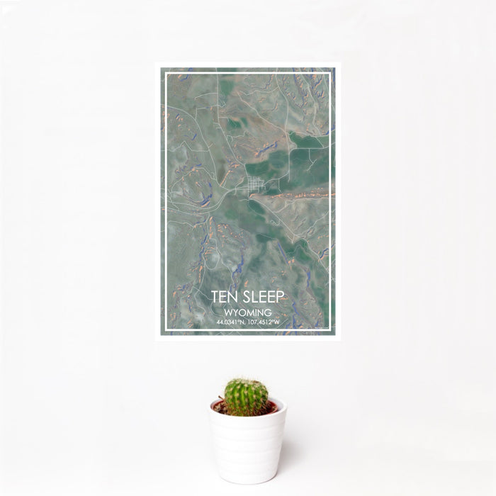 12x18 Ten Sleep Wyoming Map Print Portrait Orientation in Afternoon Style With Small Cactus Plant in White Planter