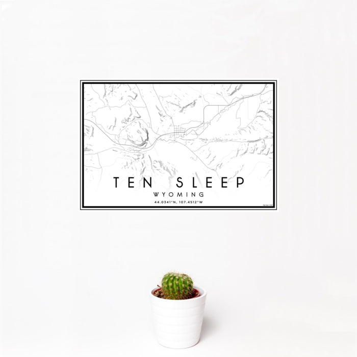 12x18 Ten Sleep Wyoming Map Print Landscape Orientation in Classic Style With Small Cactus Plant in White Planter
