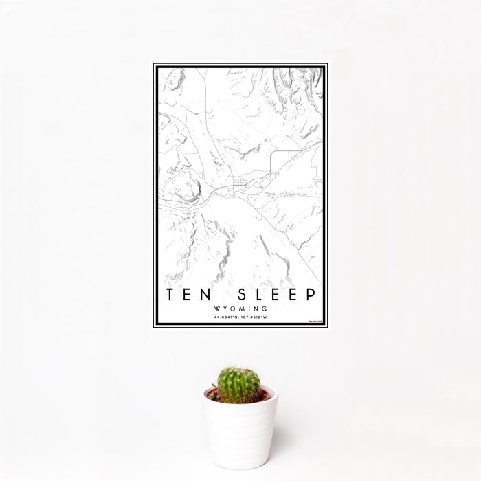 12x18 Ten Sleep Wyoming Map Print Portrait Orientation in Classic Style With Small Cactus Plant in White Planter