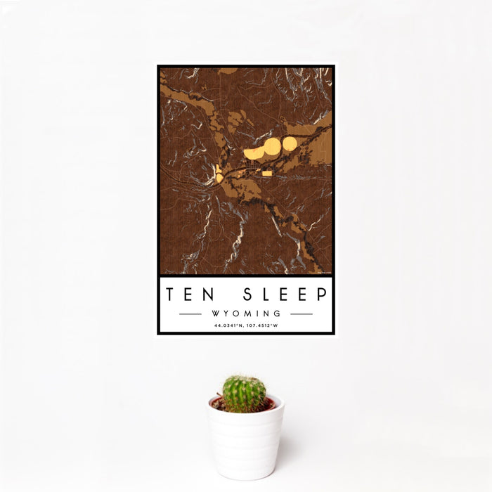 12x18 Ten Sleep Wyoming Map Print Portrait Orientation in Ember Style With Small Cactus Plant in White Planter