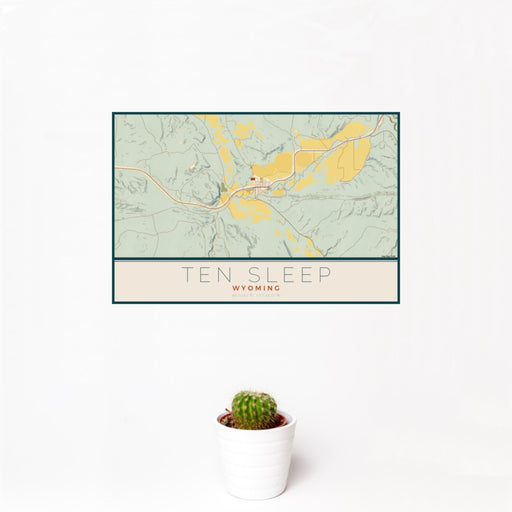 12x18 Ten Sleep Wyoming Map Print Landscape Orientation in Woodblock Style With Small Cactus Plant in White Planter