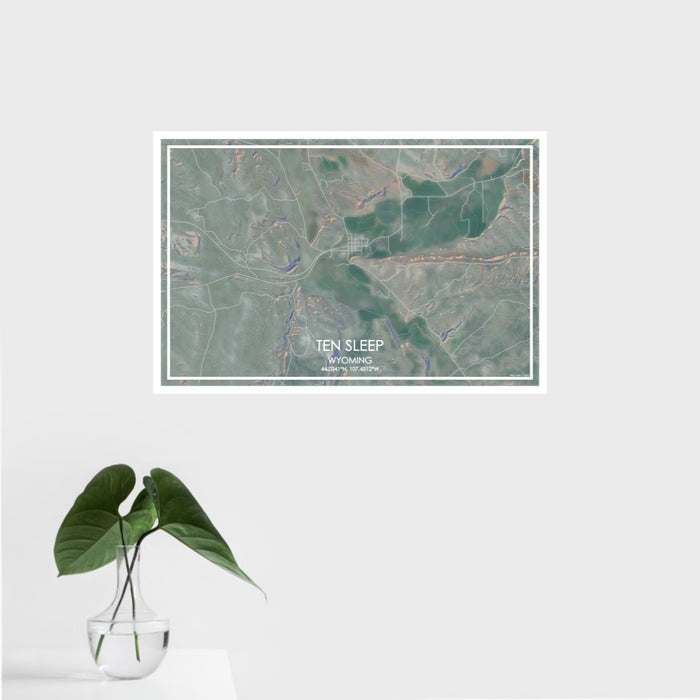 16x24 Ten Sleep Wyoming Map Print Landscape Orientation in Afternoon Style With Tropical Plant Leaves in Water